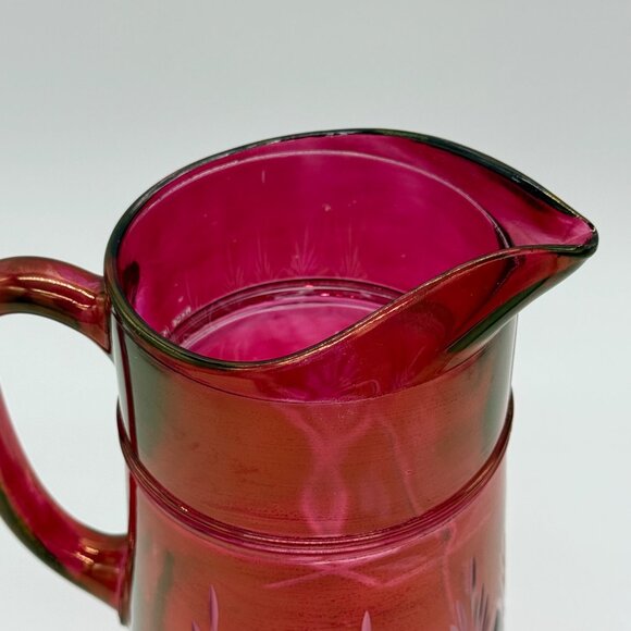 Antique European Ruby Red Overlay Glass Pitcher With Etched Wheat Pattern - Picture 3 of 8